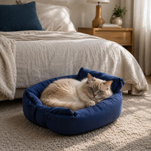 Chat crème aux yeux bleus couché dans un coussin moelleux bleu marine, posé au pied d’un lit dans une chambre cosy et lumineuse.