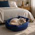 Chat crème aux yeux bleus couché dans un coussin moelleux bleu marine, posé au pied d’un lit dans une chambre cosy et lumineuse.