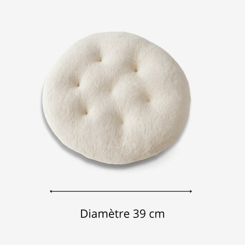 Coussin rond en polaire écru pour panier à chat, présenté avec indication de diamètre 39 cm.