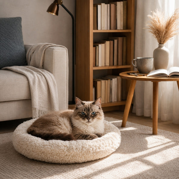 Chat aux yeux bleus installé dans un coussin pour panier beige ultra moelleux, posé dans un salon cosy et lumineux avec décoration chaleureuse.