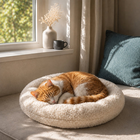 Chat roux et blanc endormi dans un coussin pour panier beige ultra doux, placé près d’une fenêtre lumineuse dans une ambiance cosy et apaisante.