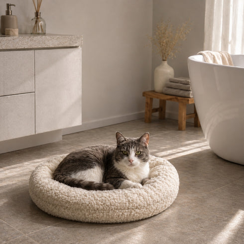 Chat gris et blanc installé dans un coussin pour panier beige en tissu bouclette ultra moelleux, dans une salle de bain moderne et lumineuse.
