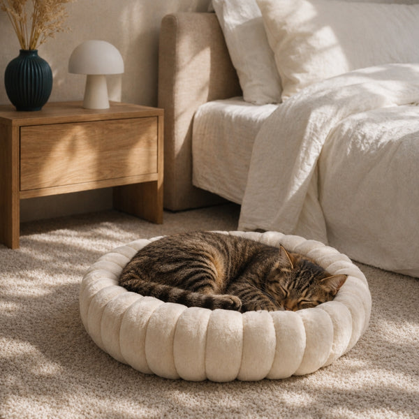Chat tigré endormi dans un coussin rond crème ultra moelleux, posé sur un tapis dans une chambre chaleureuse et lumineuse.
