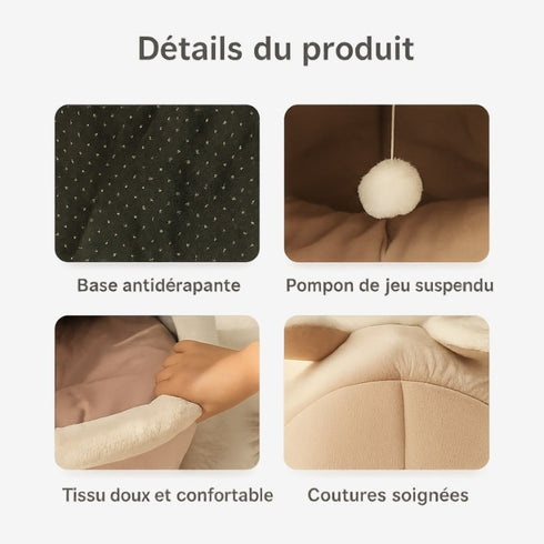 Détails de la maison douillette pour chat : base antidérapante, pompon de jeu, tissu doux et coutures soignées.