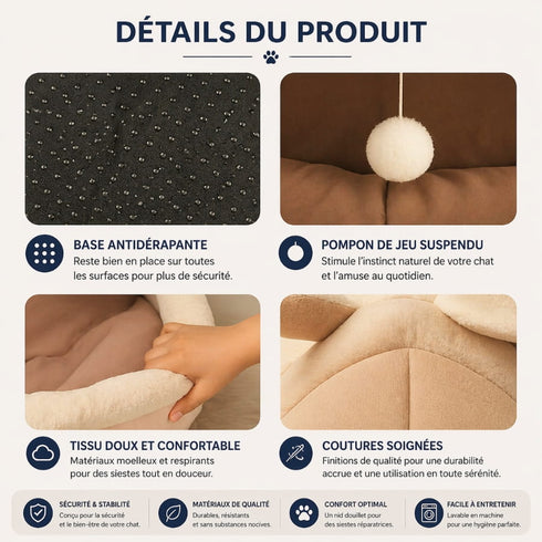 Détails de la maison douillette pour chat avec base antidérapante, pompon suspendu, tissu moelleux et coutures renforcées pour un confort optimal et une meilleure durabilité