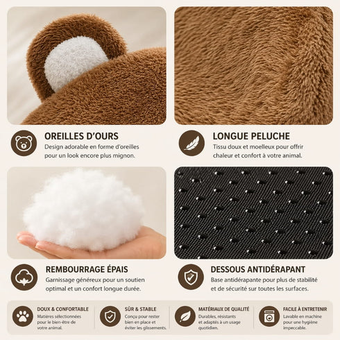 Détails du panier boule pour chat avec oreilles d’ours, peluche longue ultra douce, rembourrage épais et base antidérapante pour un confort chaleureux et stable
