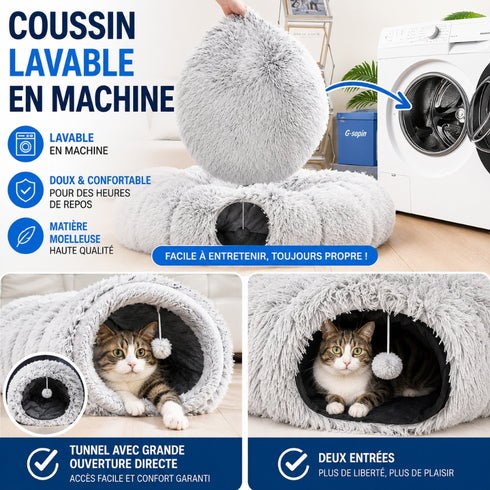 Détails de la tanière pour chat en peluche avec coussin lavable, double entrée, tunnel moelleux et entretien facile en machine