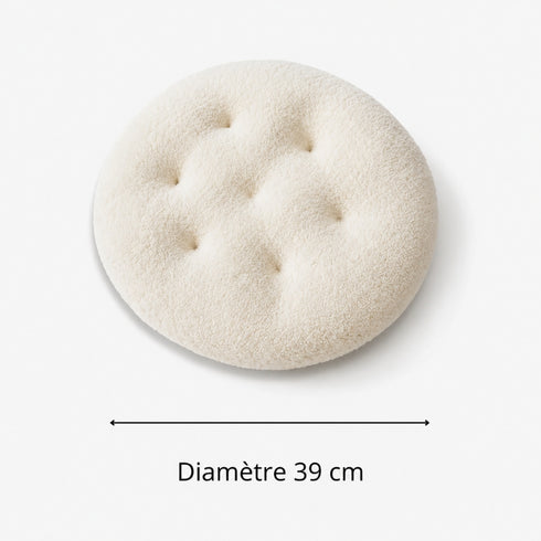 Coussin rond pour panier pour chat en tissu bouclette beige avec indication du diamètre de 39 cm sur fond blanc.