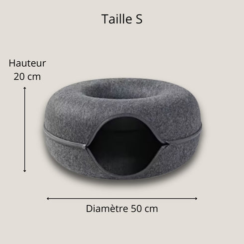 Dimensions du donut pour chat gris foncé (taille S) : diamètre 50 cm, hauteur 20 cm.