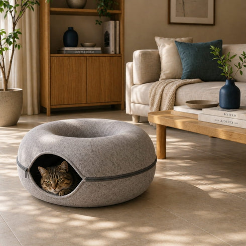 Chat tigré installé dans un couchage donut gris avec ouverture zippée, placé dans un salon chaleureux et lumineux au style naturel.