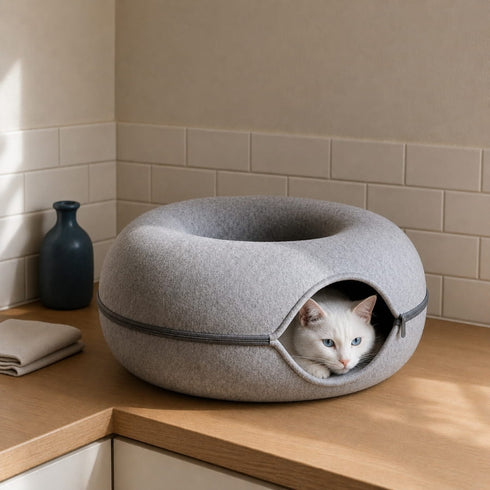 Chat blanc aux yeux bleus installé dans un couchage donut gris avec fermeture zippée, idéal pour un repos chaud et apaisant.