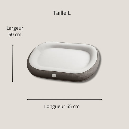 Grand lit pour chat taille L, dimensions 50x65 cm, contour gris et milieu blanc.