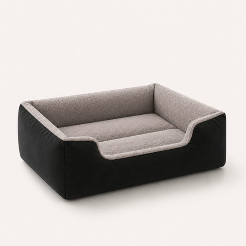 Grand panier chat noir avec interieur gris ultra doux et rebords confortables, photographie produit sur fond clair style e-commerce
