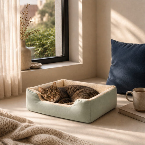 Chat repose dans un grand panier chat vert avec interieur moelleux beige, place pres dune fenetre dans un salon chaleureux et lumineux