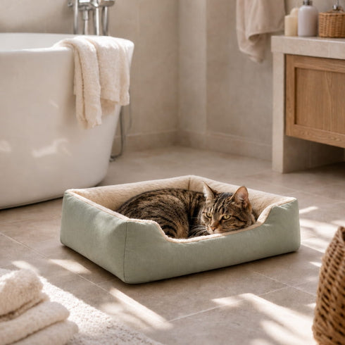 Chat allonge dans un grand panier chat vert avec interieur doux et rembourre, installe dans une salle de bain moderne et apaisante