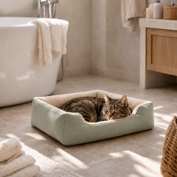 Chat allonge dans un grand panier chat vert avec interieur doux et rembourre, installe dans une salle de bain moderne et apaisante