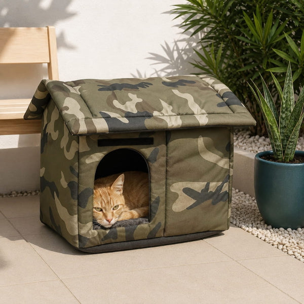 Grande maison pour chat extérieur camouflage avec toit rembourré, installée sur une terrasse avec un chat roux à l’intérieur