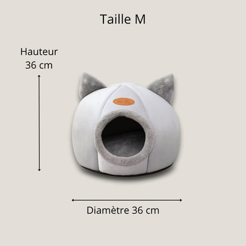 Schéma des dimensions de la grotte pour chat grise (taille M) : hauteur 36 cm, diamètre 36 cm.