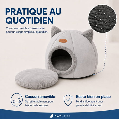 Grotte pour chat grise avec coussin moelleux amovible et base antidérapante à picots, conçue pour offrir confort, stabilité et entretien facile.