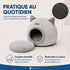Grotte pour chat grise avec coussin moelleux amovible et base antidérapante à picots, conçue pour offrir confort, stabilité et entretien facile.