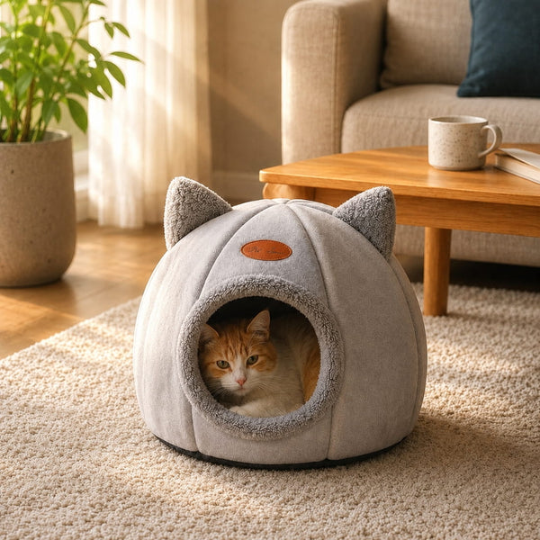 Chat installé dans une grotte pour chat grise en peluche dans un salon, profitant d'un cocon douillet et rassurant pour se reposer en toute tranquillité.