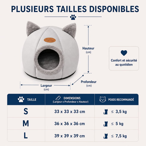 Dimensions de la grotte pour chat grise disponible en tailles S, M et L de 33 à 39 cm, avec poids recommandé selon le gabarit du chat.