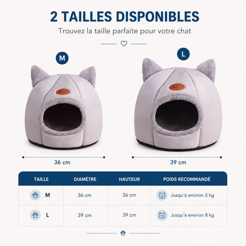 Guide des tailles de la grotte pour chat en peluche grise avec oreilles, disponible en M et L pour offrir un refuge confortable et rassurant.