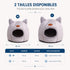 Guide des tailles de la grotte pour chat en peluche grise avec oreilles, disponible en M et L pour offrir un refuge confortable et rassurant.