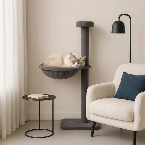 Chat endormi dans un hamac gris installé sur un arbre à chat dans un interieur moderne
