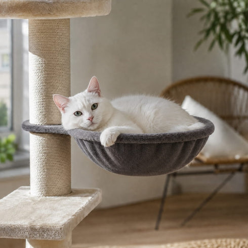 Chat blanc allongé dans un hamac pour arbre à chat en peluche grise, idéal pour offrir un espace repos doux et confortable.