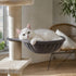 Chat blanc allongé dans un hamac pour arbre à chat en peluche grise, idéal pour offrir un espace repos doux et confortable.