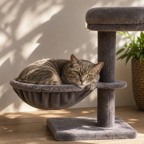 Chat gris allongé dans un hamac pour arbre à chat en peluche grise, parfait pour un espace repos doux et confortable au quotidien.