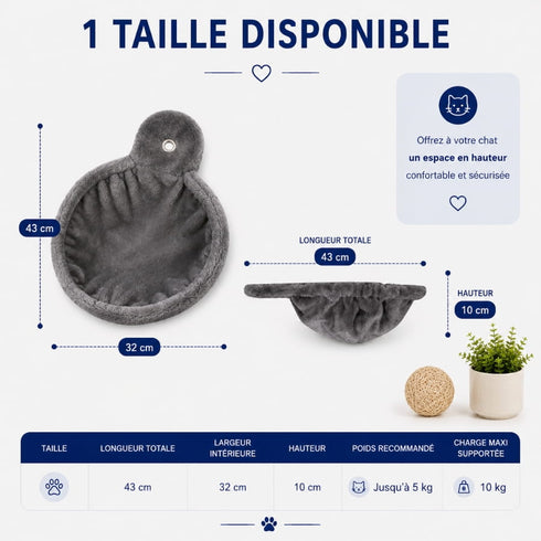 Dimensions visibles sur l’image du hamac pour arbre à chat en peluche grise, couchage rond de 43 x 32 x 10 cm recommandé pour chats jusqu’à 5 kg.