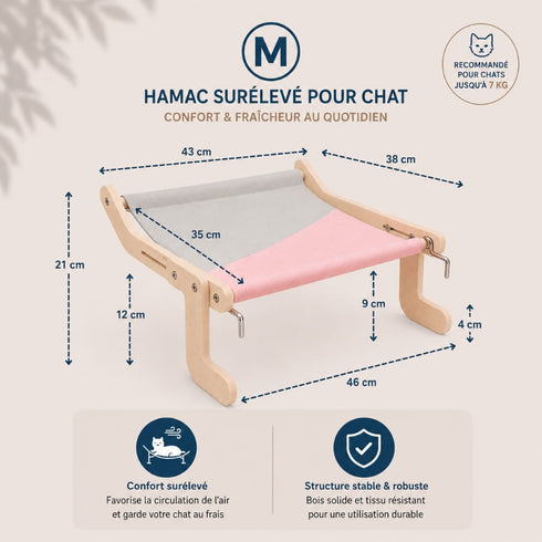 Schéma des dimensions du hamac chat fenêtre sans ventouse en bois et tissu rose, dimensions 46 x 38 x 21 cm visibles sur l’image, recommandé jusqu’à 7 kg.