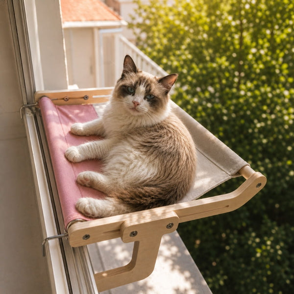 Chat allongé sur un hamac de fenêtre sans ventouse rose avec structure en bois fixée au rebord de fenêtre.