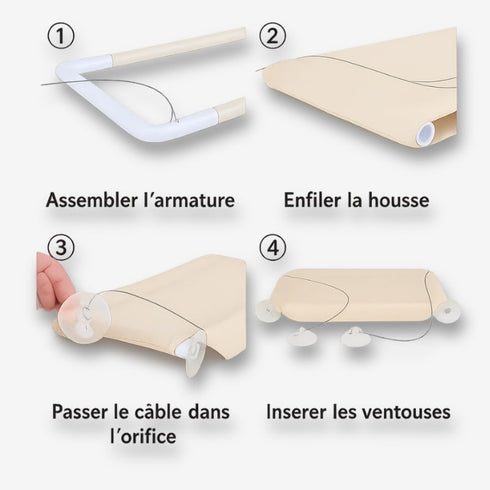 Schéma illustrant les étapes de montage du hamac de fenêtre pour chat en tissu beige, avec assemblage de l’armature, passage des câbles et insertion des ventouses.
