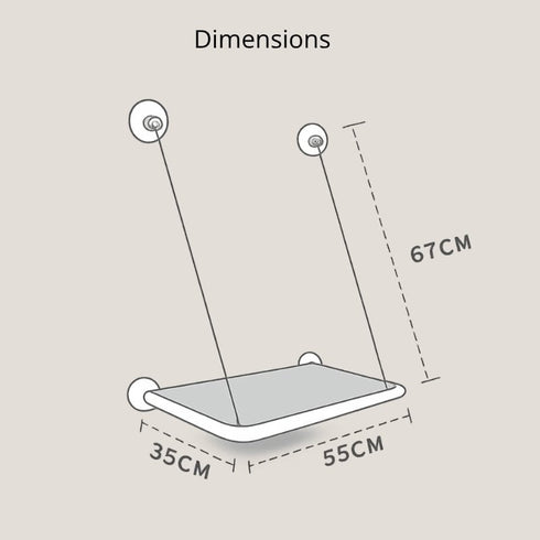 Schéma des dimensions du hamac de fenêtre pour chat avec ventouses, indiquant 55 cm x 35 cm et une hauteur de 67 cm.