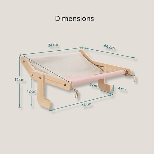 Schéma des dimensions du hamac chat fenêtre sans ventouse en bois clair et tissu beige, indiquant les mesures précises de largeur, profondeur et hauteur.