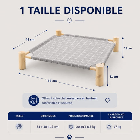 Dimensions visibles sur l’image du hamac pour chat sur pied en bois et tissu gris, couchage surélevé de 53 x 48 x 13 cm recommandé jusqu’à 8,5 kg.