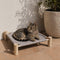 Chat tigré allongé sur un hamac pour chat sur pied avec structure en bois naturel et tissu gris à carreaux dans un espace lumineux et chaleureux.