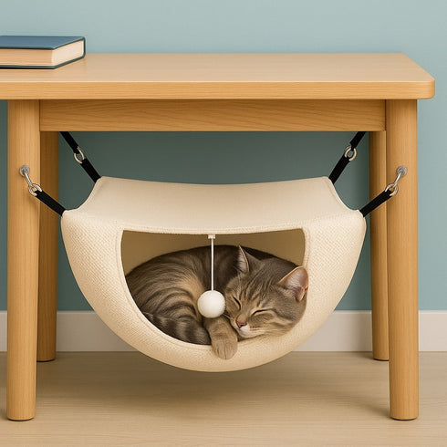 Petit hamac pour chat en tissu beige, suspendu sous une table en bois, avec un chat gris endormi et un jouet boule accroché au centre.