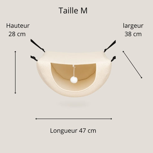 Schéma des dimensions du petit hamac pour chat taille M en tissu beige, indiquant une hauteur de 28 cm, une largeur de 38 cm et une longueur de 47 cm.