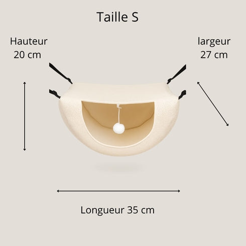 Schéma des dimensions du petit hamac pour chat taille S en tissu beige, indiquant une hauteur de 20 cm, une largeur de 27 cm et une longueur de 35 cm.