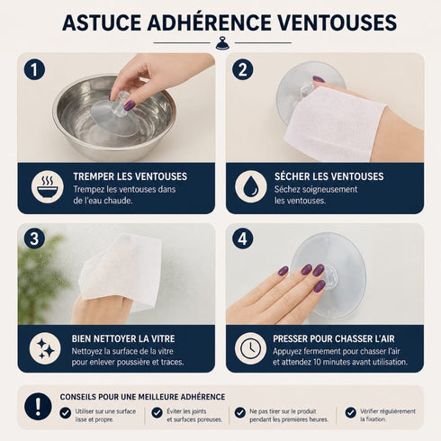 Guide d’adhérence des ventouses pour hamac de fenêtre pour chat avec conseils de nettoyage, séchage et fixation sur vitre.