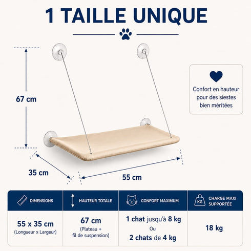 Dimensions du hamac de fenêtre pour chat beige avec couchage de 55 × 35 cm, hauteur totale de 67 cm, recommandé jusqu'à 8 kg et supportant 18 kg.