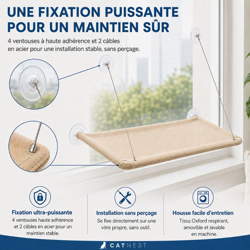 Hamac de fenêtre pour chat beige avec 4 ventouses haute adhérence et câbles en acier, offrant une fixation stable sans perçage et une housse lavable.