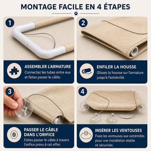 Guide de montage en 4 étapes pour hamac de fenêtre pour chat avec armature, housse, câbles métalliques et ventouses transparentes.