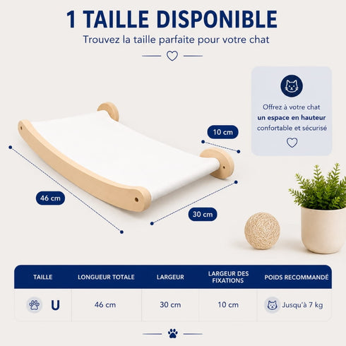 Guide des dimensions du hamac mural pour chat avec structure en bois et toile blanche, format 46 x 30 cm, adapté aux chats jusqu’à 7 kg.