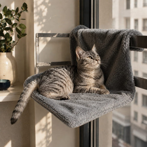 Chat gris installé sur un hamac de radiateur pour chat en peluche grise, idéal pour se reposer au chaud près de la fenêtre.