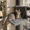 Chat gris installé sur un hamac de radiateur pour chat en peluche grise, idéal pour se reposer au chaud près de la fenêtre.
